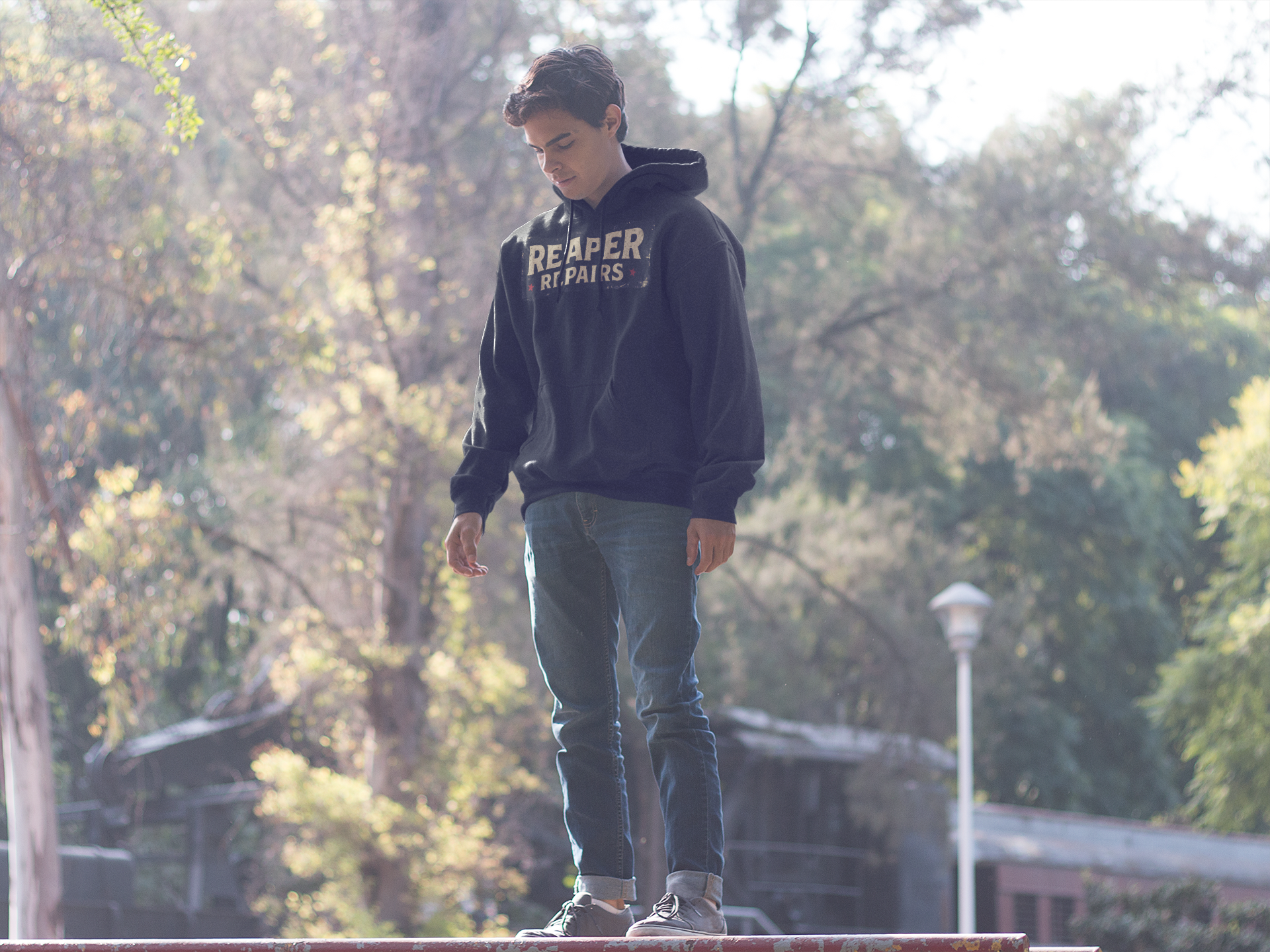 Reaper Repairs Hoodie | Black Cotton Pullover | Vintage Graphic Streetwear