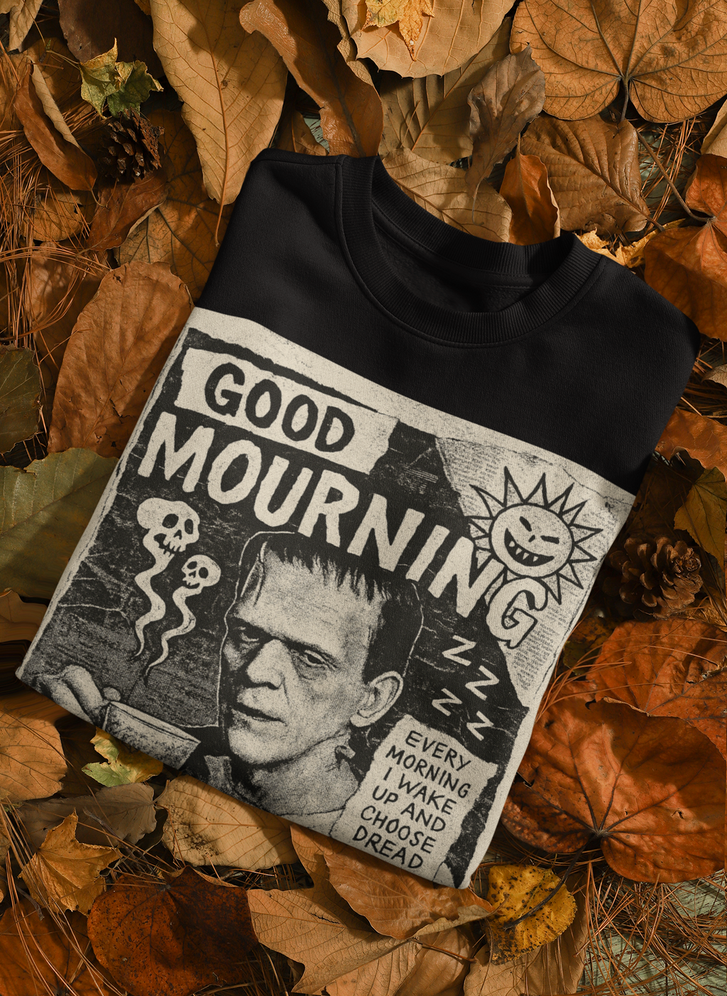 Good Mourning Frankenstein Sweatshirt | Gothic Vintage Horror Crewneck in Black