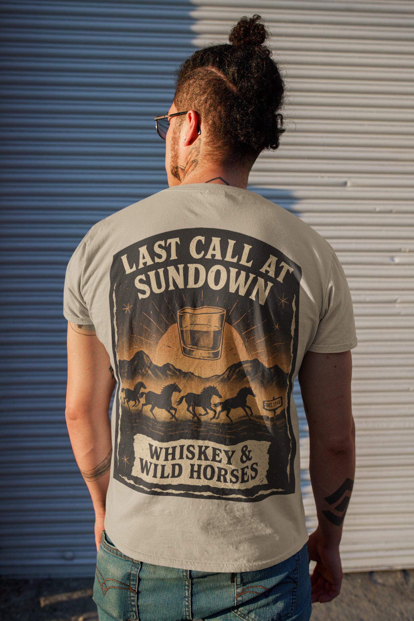 Whiskey & Wild Horses T-Shirt – Unisex 100% Cotton Western Graphic Tee in Sand