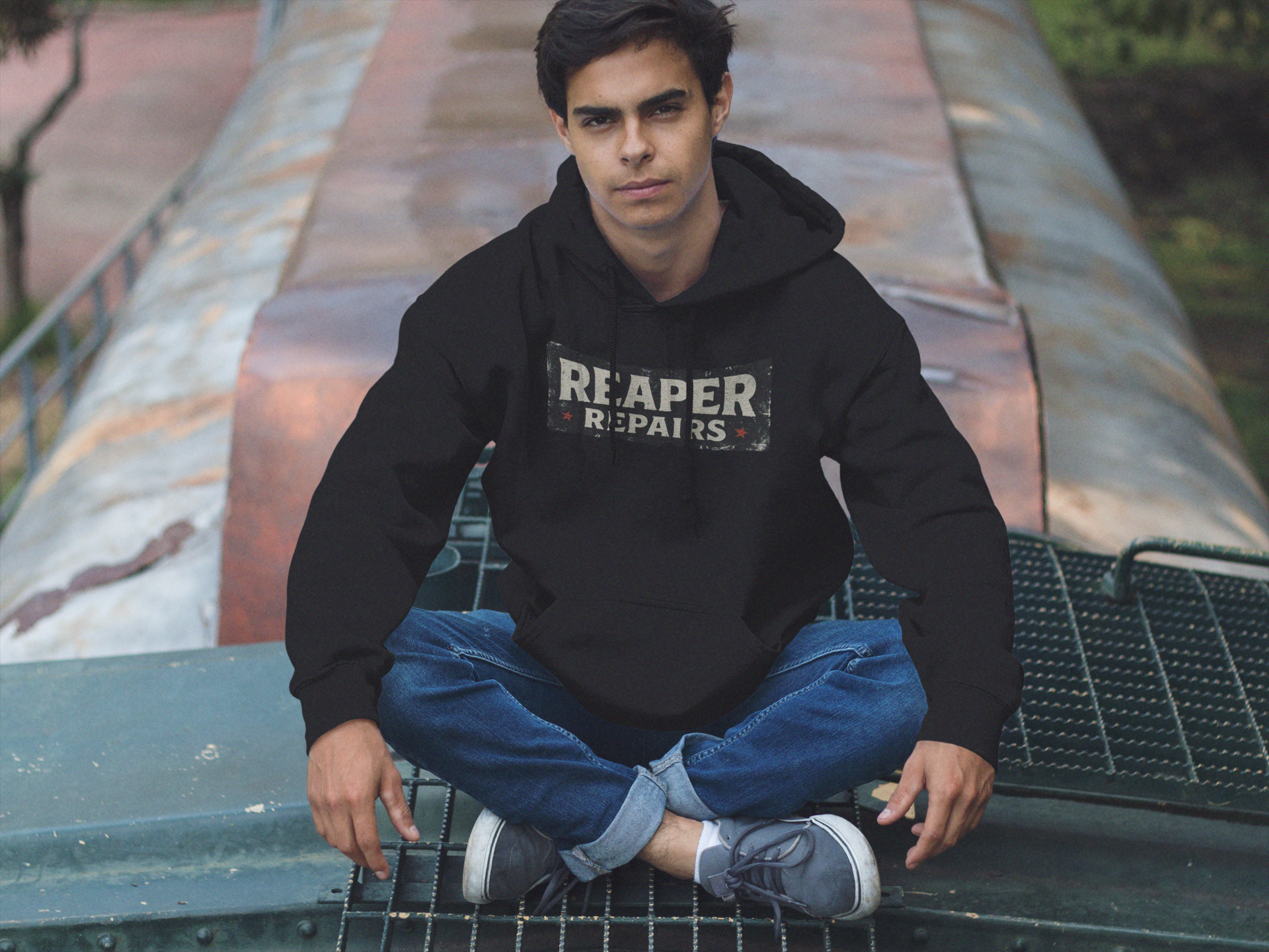 Reaper Repairs Hoodie | Black Cotton Pullover | Vintage Graphic Streetwear
