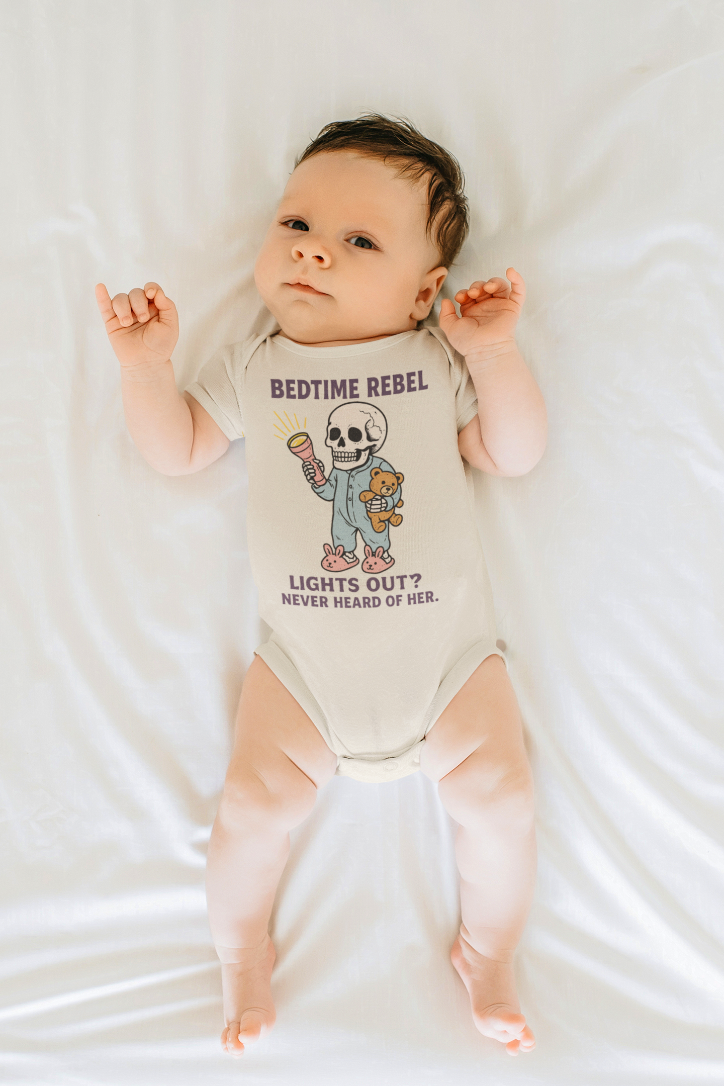Bedtime Rebel Skull Baby Bodysuit – 100% Organic Cotton | Funny Baby Sleepwear