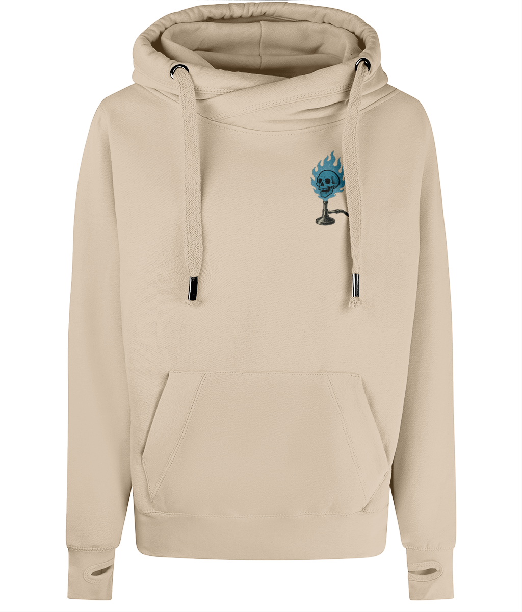 Bluest Flame Cross Neck Hoodie – Heavyweight Unisex Pullover in Beige & Grey