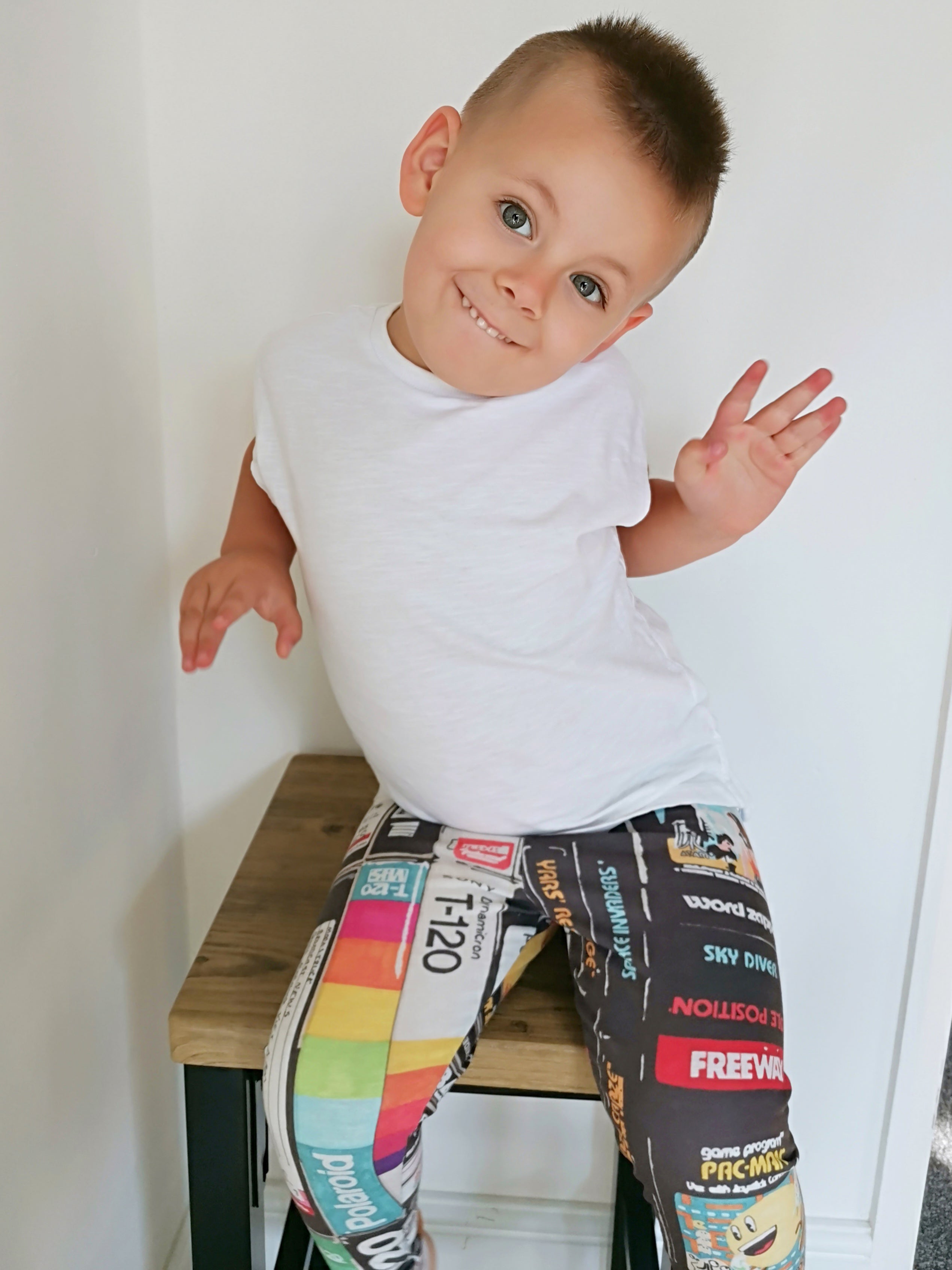 Retro Kids Cassette & VHS Atari Print Leggings – Soft, Stretchy & Fun
