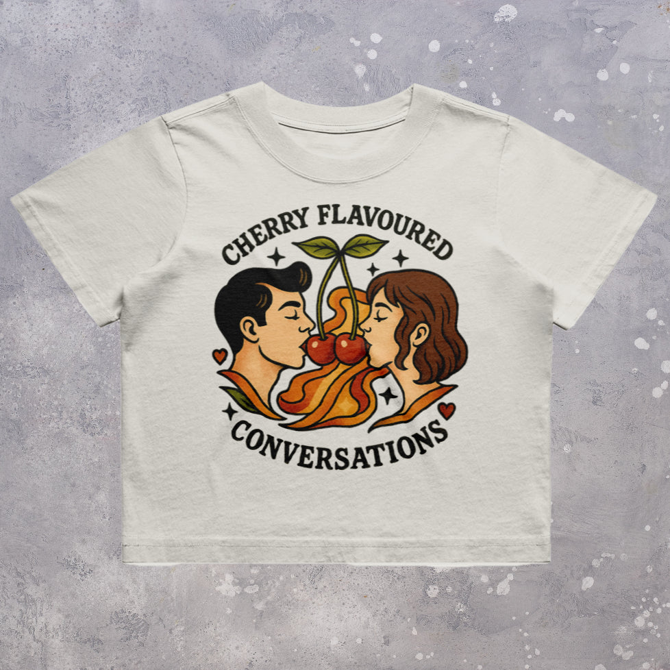 Cherry Flavoured Conversations Women’s Faded Crop T-Shirt – Oversized Boxy Fit
