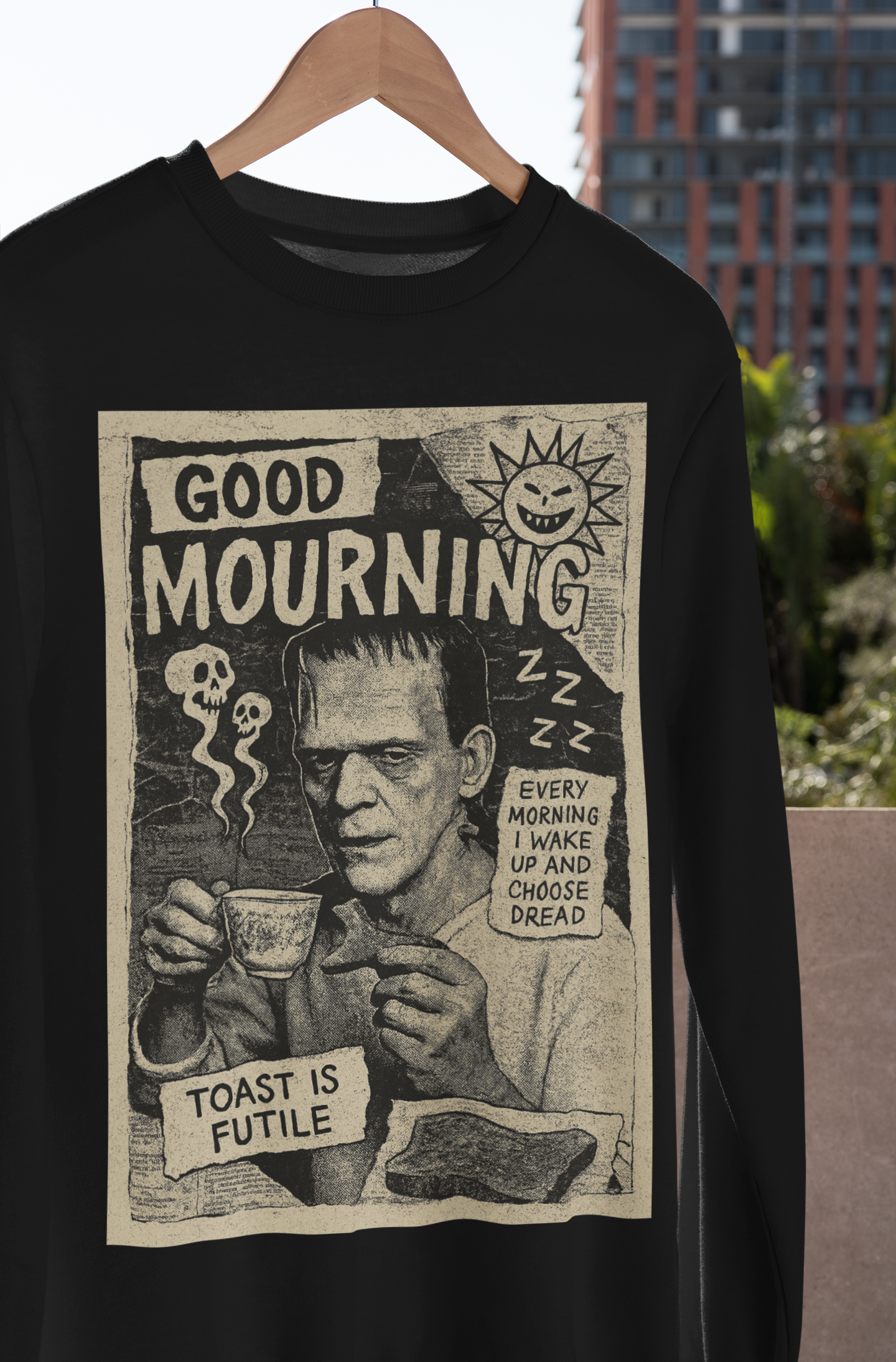 Good Mourning Frankenstein Sweatshirt | Gothic Vintage Horror Crewneck in Black