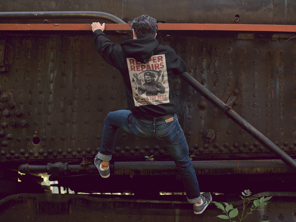 Reaper Repairs Hoodie | Black Cotton Pullover | Vintage Graphic Streetwear