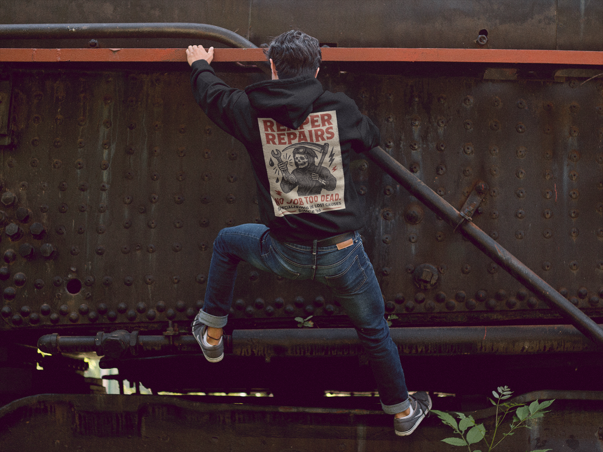 Reaper Repairs Hoodie | Black Cotton Pullover | Vintage Graphic Streetwear