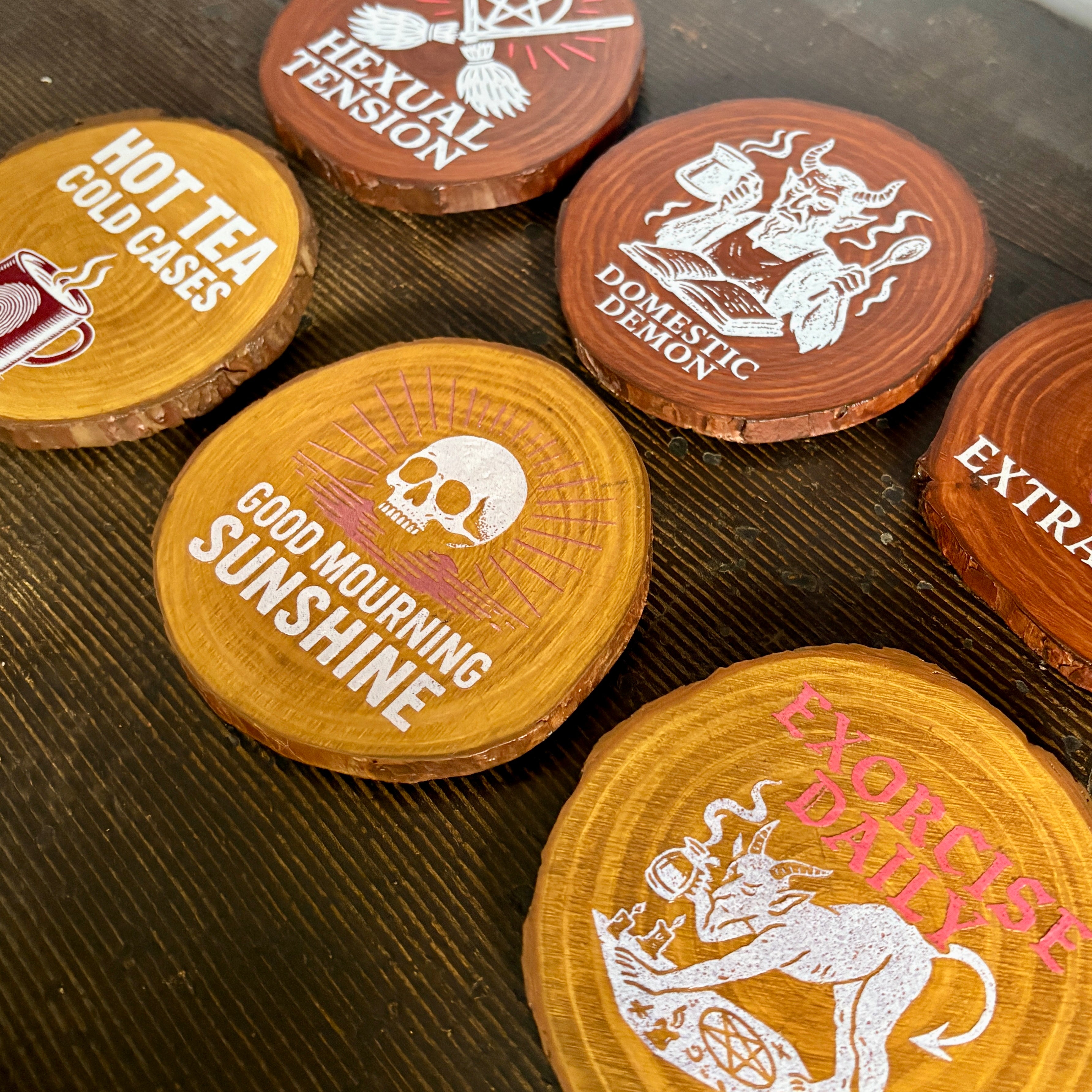 Handmade Gothic Printed Coasters | Natural Pine Wood | Unique Dark Humour Design