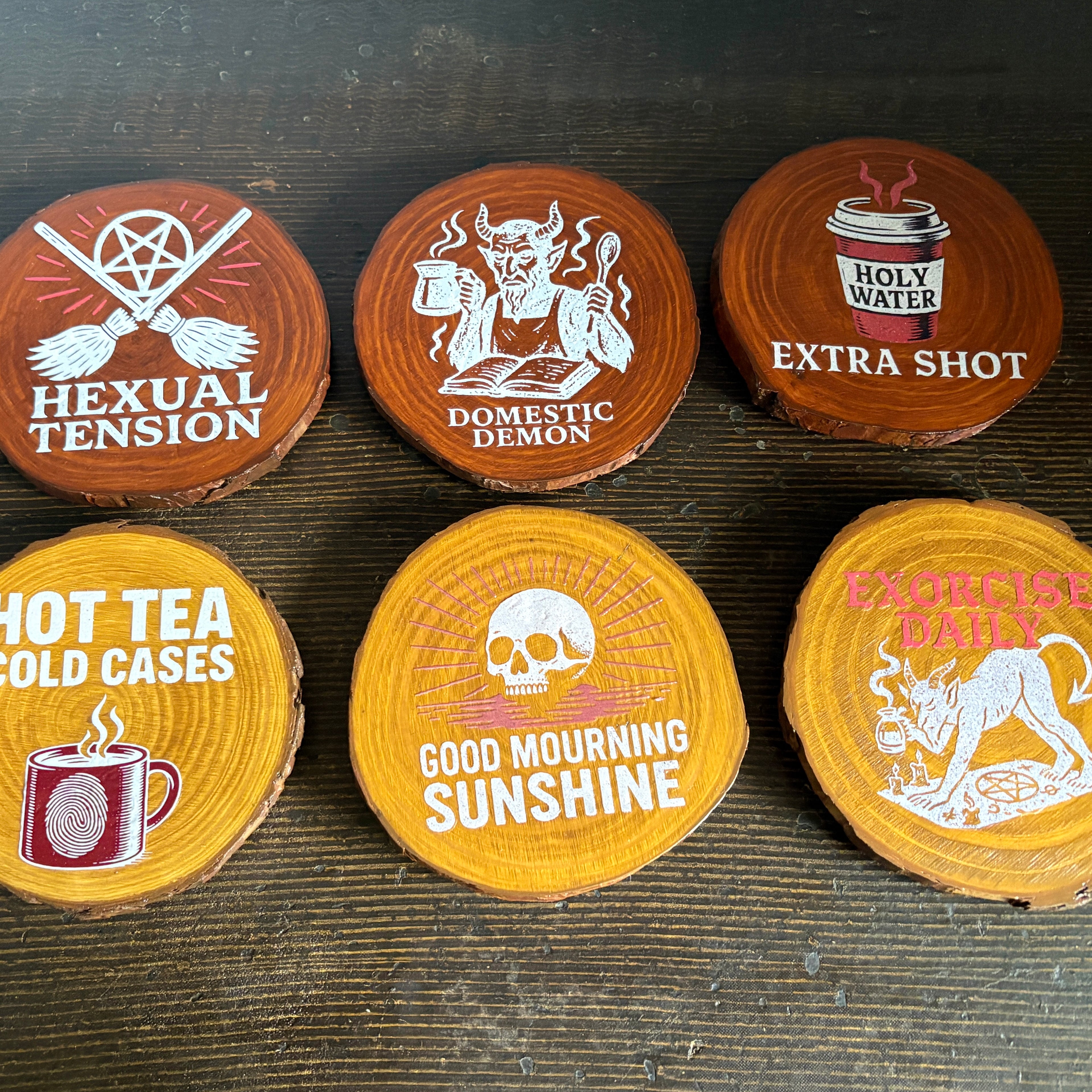 Handmade Gothic Printed Coasters | Natural Pine Wood | Unique Dark Humour Design