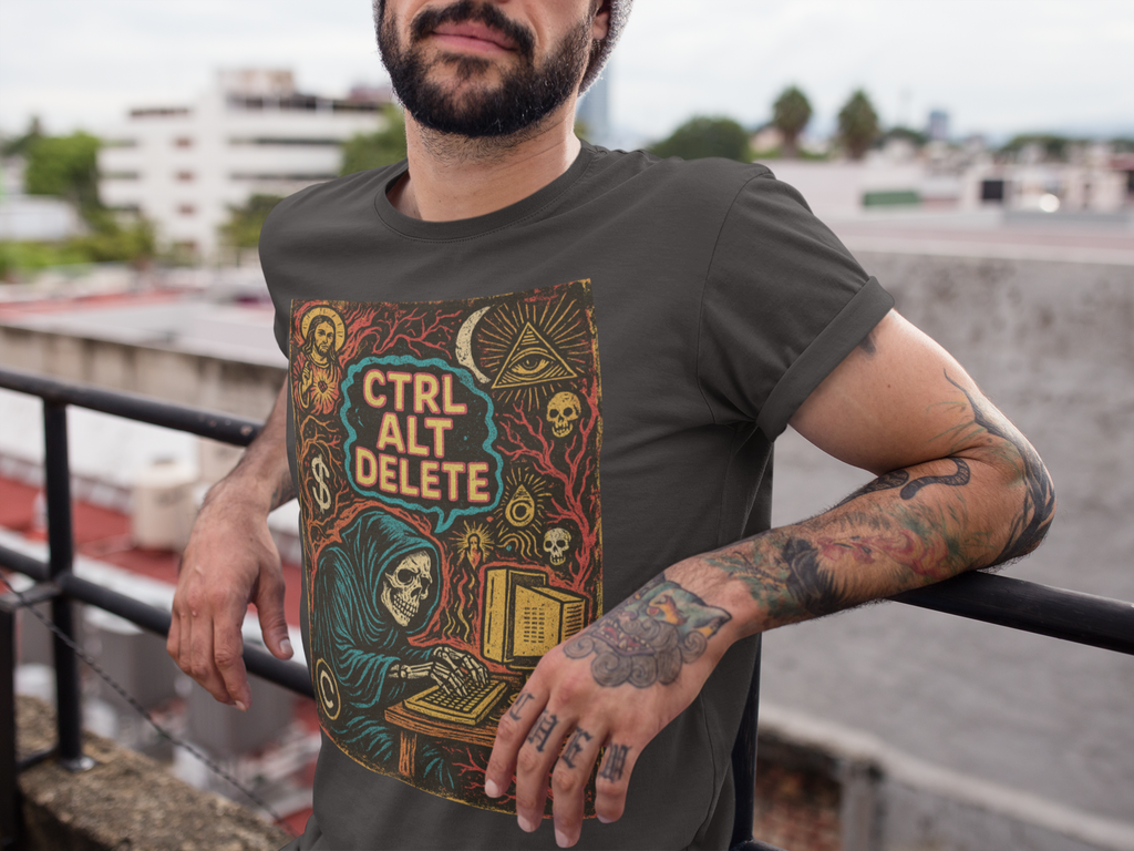 CTRL ALT DELETE Graphic T-Shirt | Dark Humor Skeleton Hacker Tee