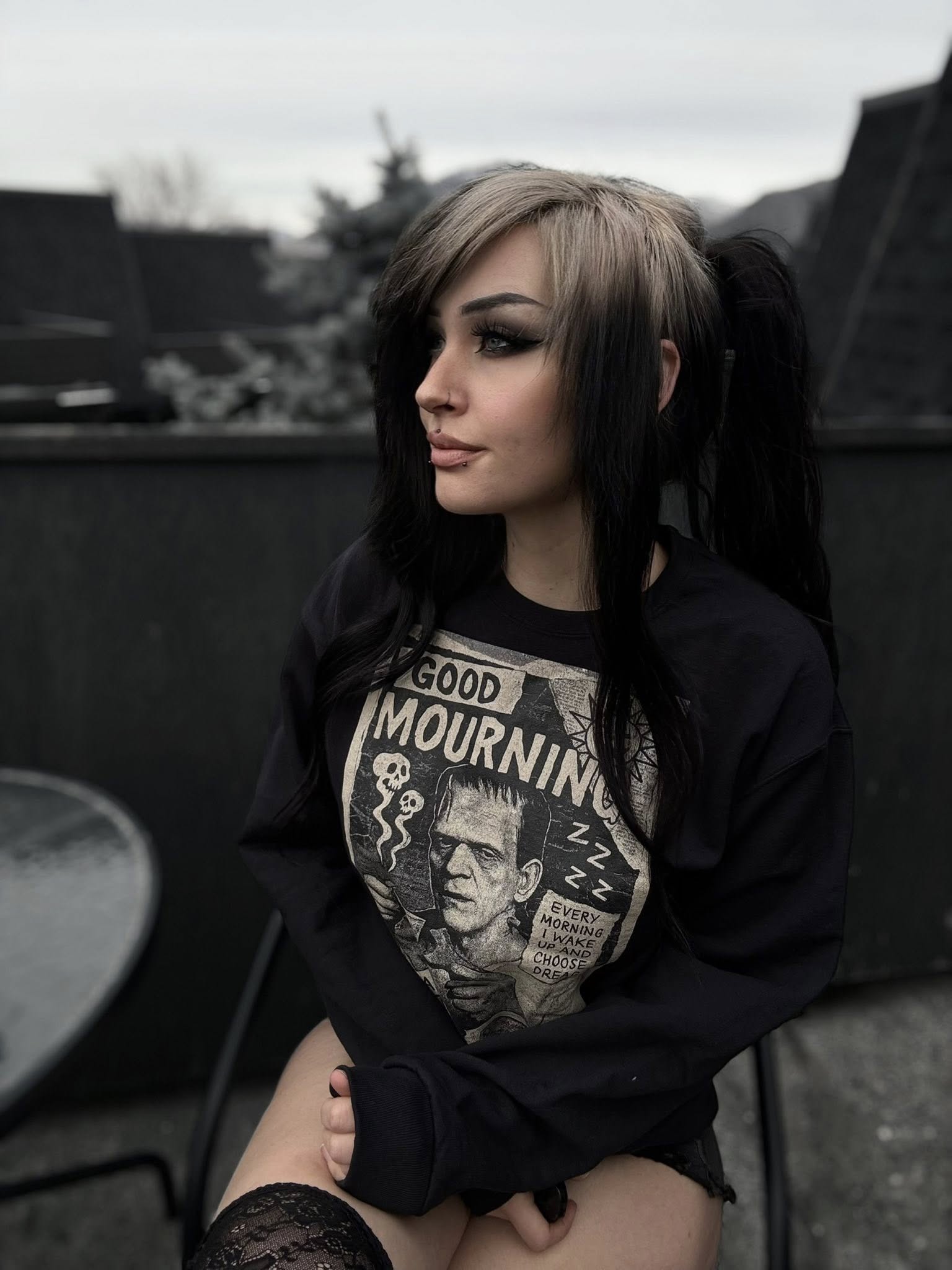 Good Mourning Frankenstein Sweatshirt | Gothic Vintage Horror Crewneck in Black