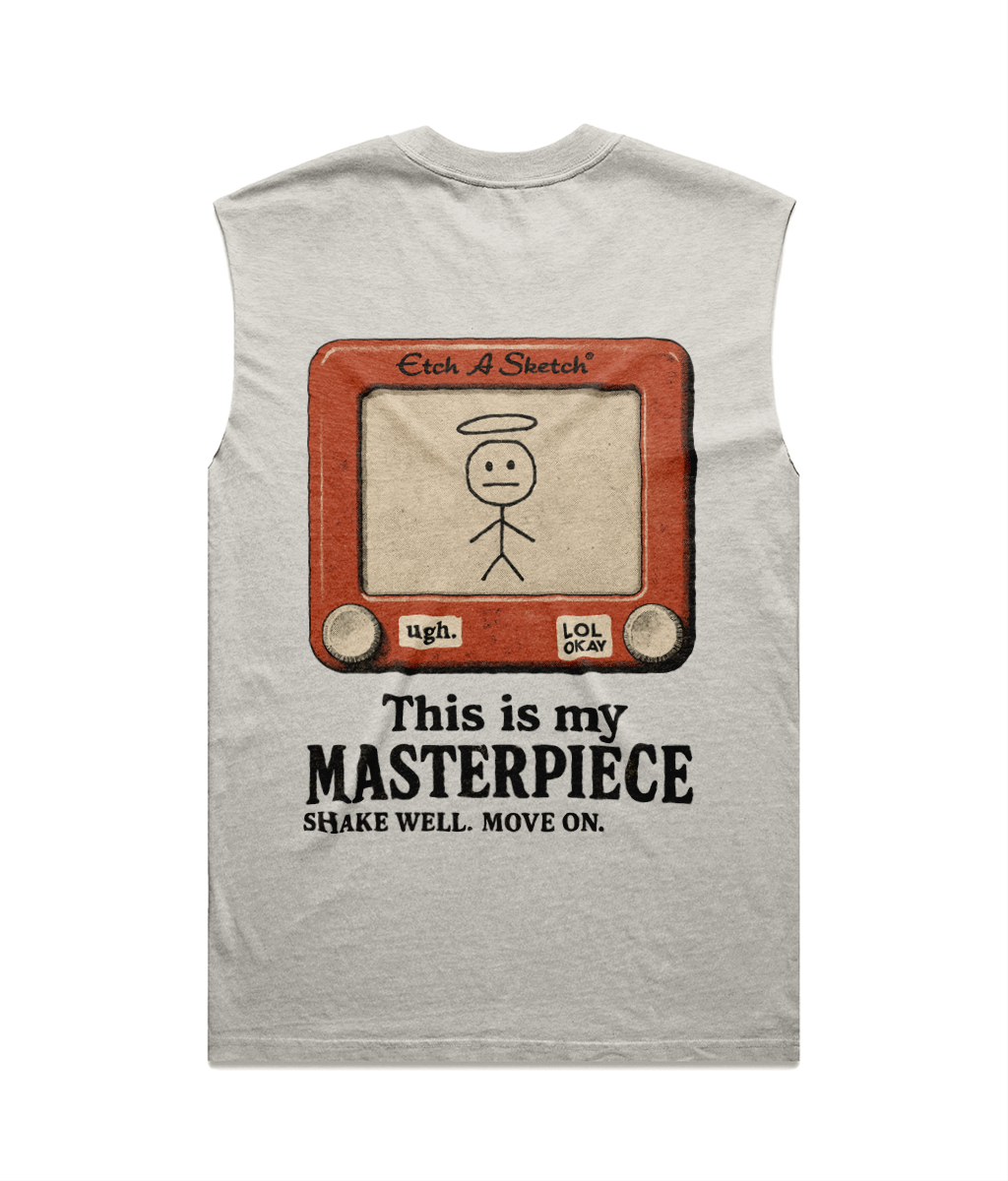 Etch A Sketch Masterpiece Heavy Faded Beige Tank Top - shake well