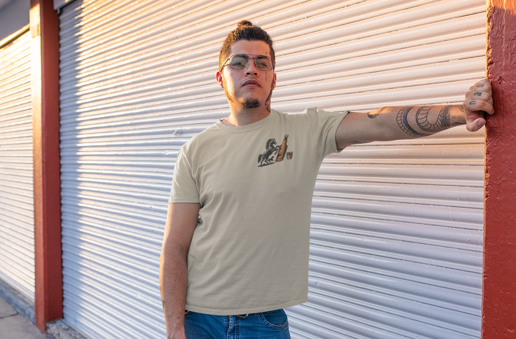 Whiskey & Wild Horses T-Shirt – Unisex 100% Cotton Western Graphic Tee in Sand