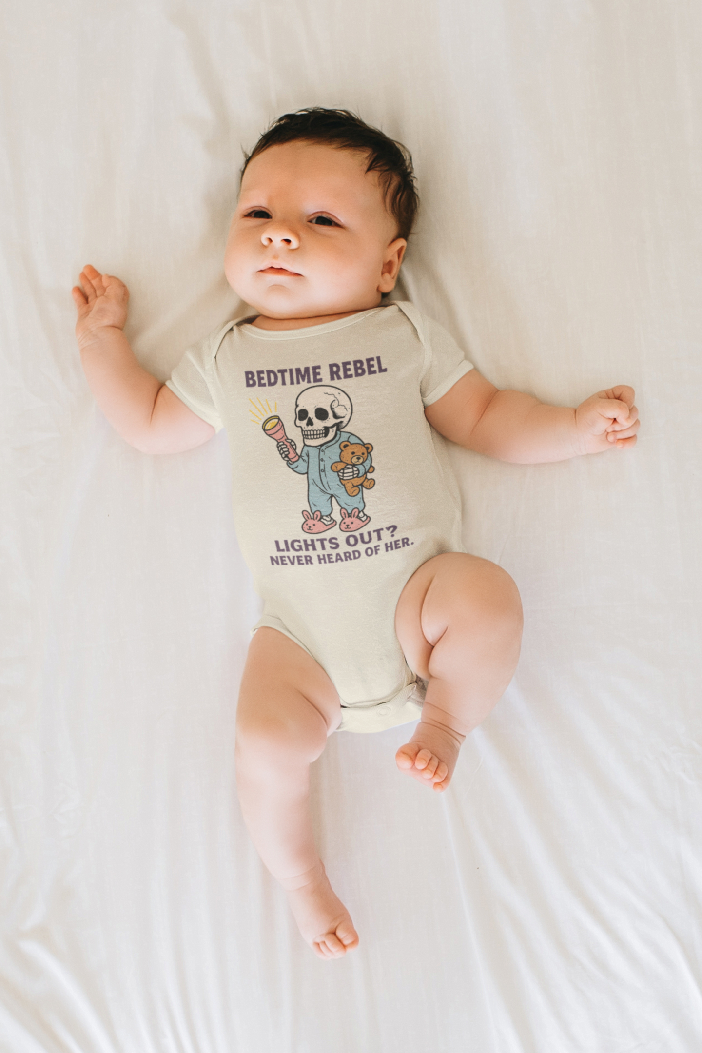 Bedtime Rebel Skull Baby Bodysuit – 100% Organic Cotton | Funny Baby Sleepwear