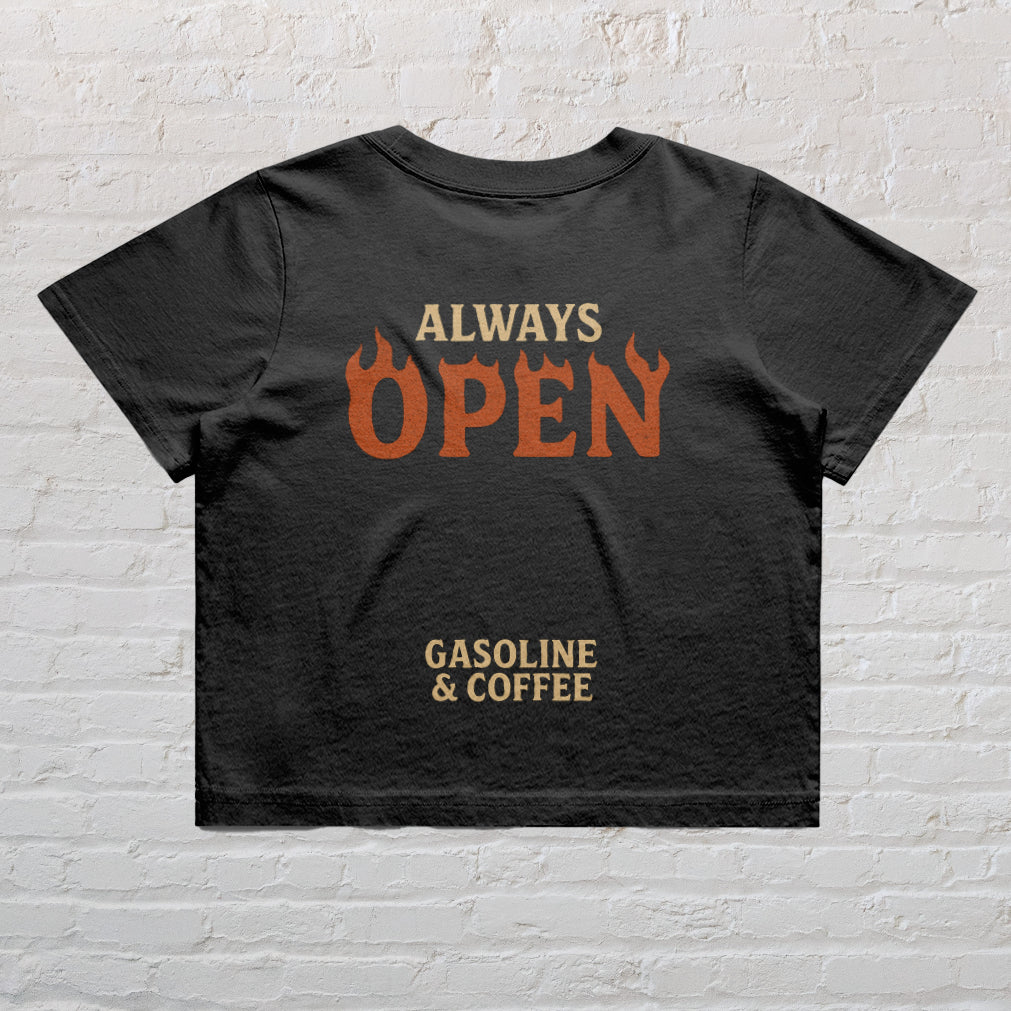 Always Open Gasoline & Coffee Women’s Heavy Faded Crop T-Shirt