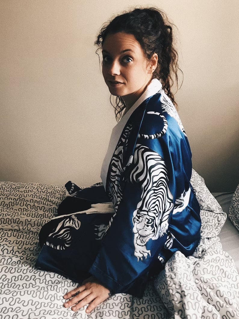 White Tiger Navy Kimono Silk Dressing Gown Knee Length Robe Villanelle
