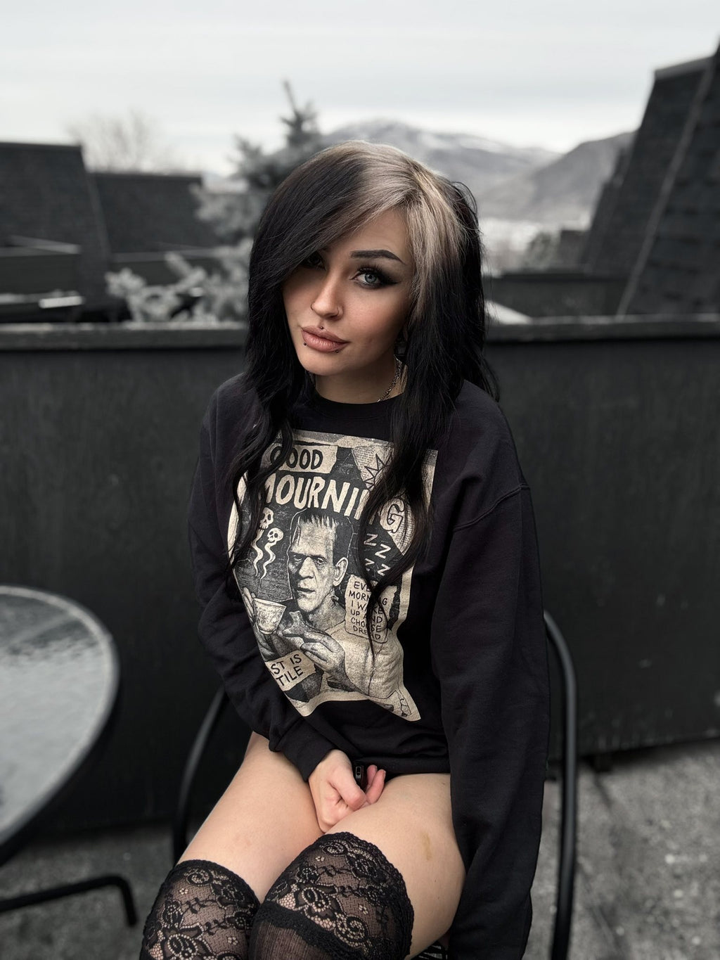 Good Mourning Frankenstein Sweatshirt | Gothic Vintage Horror Crewneck in Black