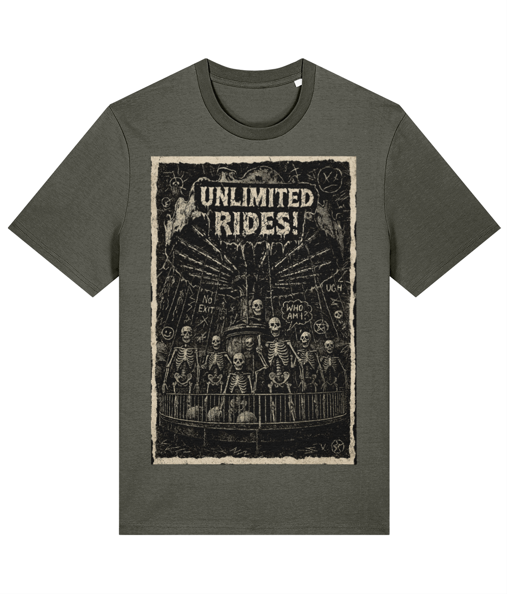Unlimited Rides Skeleton T-Shirt – 100% Cotton | Grim Carnival Ride Graphic