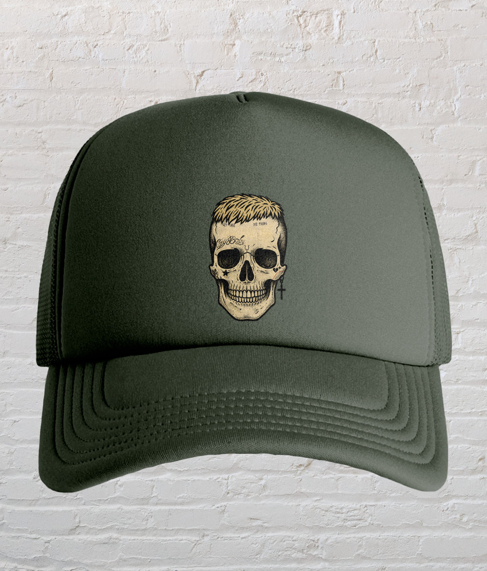 Lil Peep Skull Foam Trucker Cap – Black & Khaki Green | Adjustable High-Profile