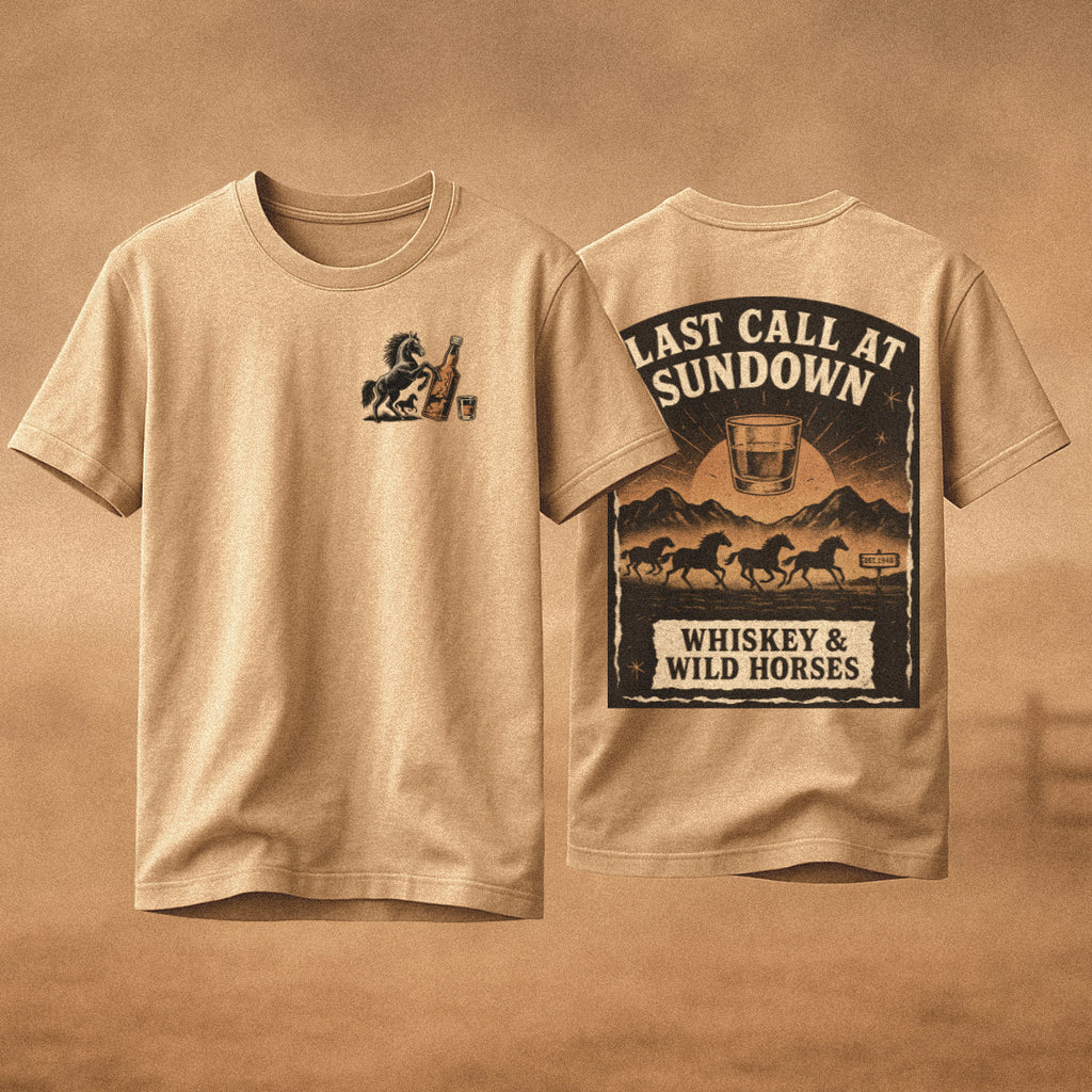Whiskey & Wild Horses T-Shirt – Unisex 100% Cotton Western Graphic Tee in Sand