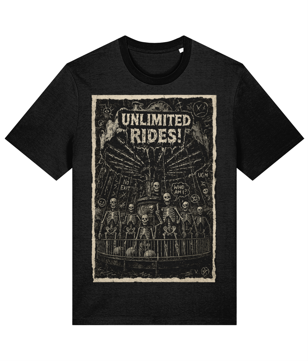 Unlimited Rides Skeleton T-Shirt – 100% Cotton | Grim Carnival Ride Graphic