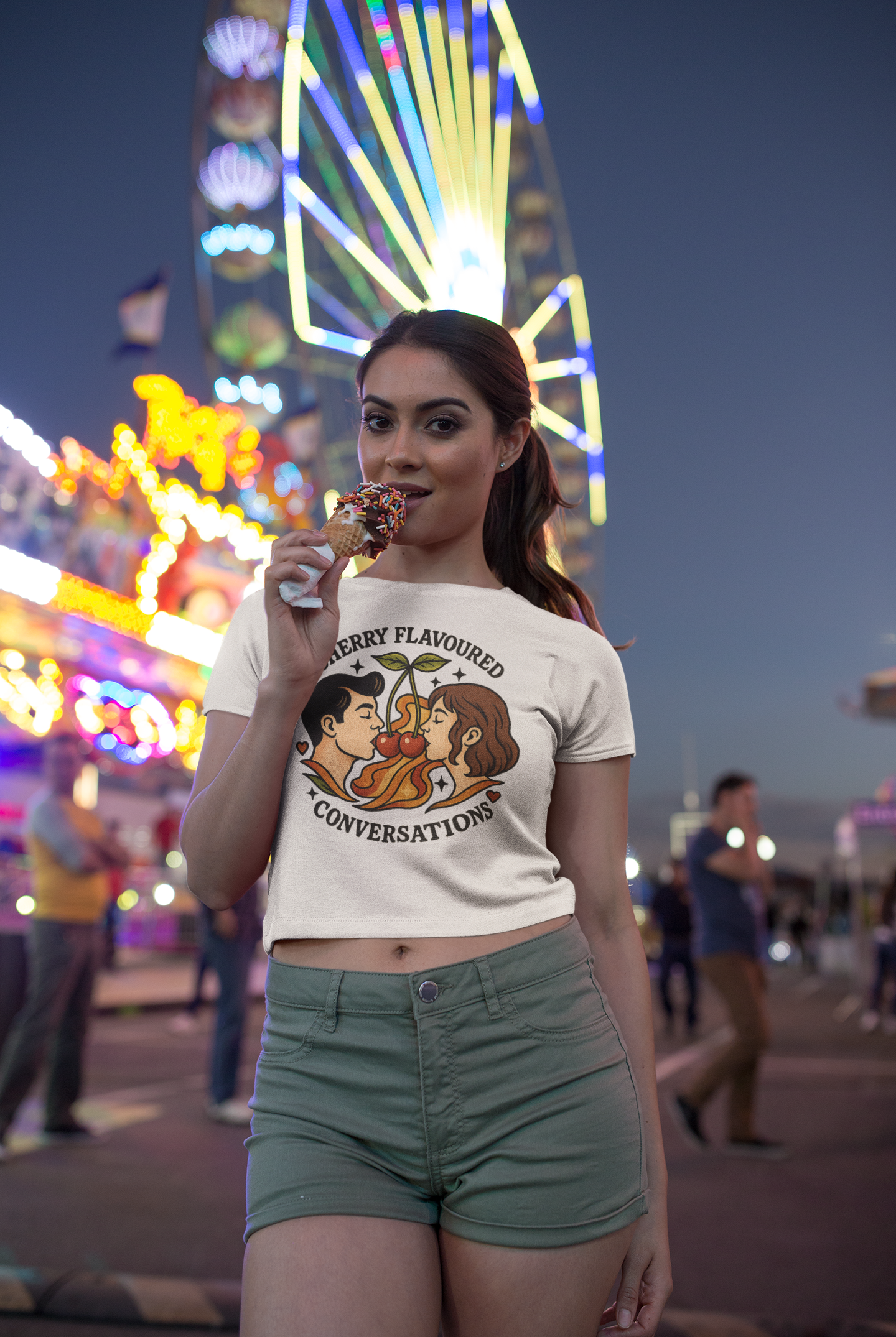 Cherry Flavoured Conversations Women’s Faded Crop T-Shirt – Oversized Boxy Fit