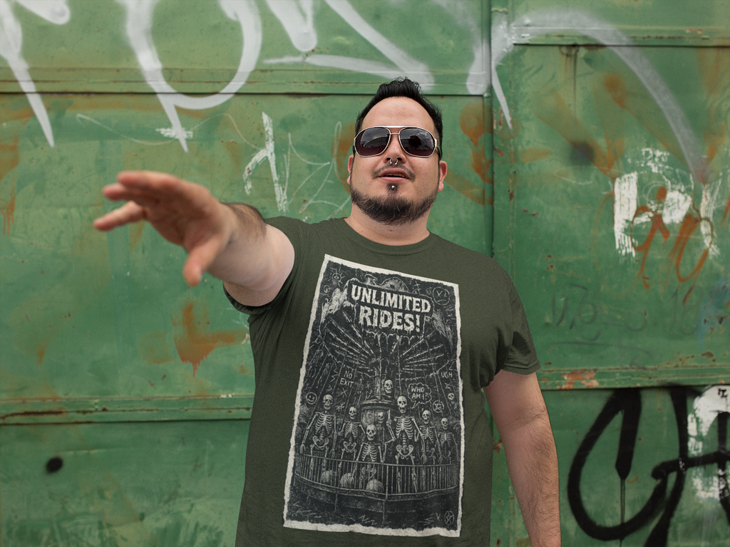 Unlimited Rides Skeleton T-Shirt – 100% Cotton | Grim Carnival Ride Graphic