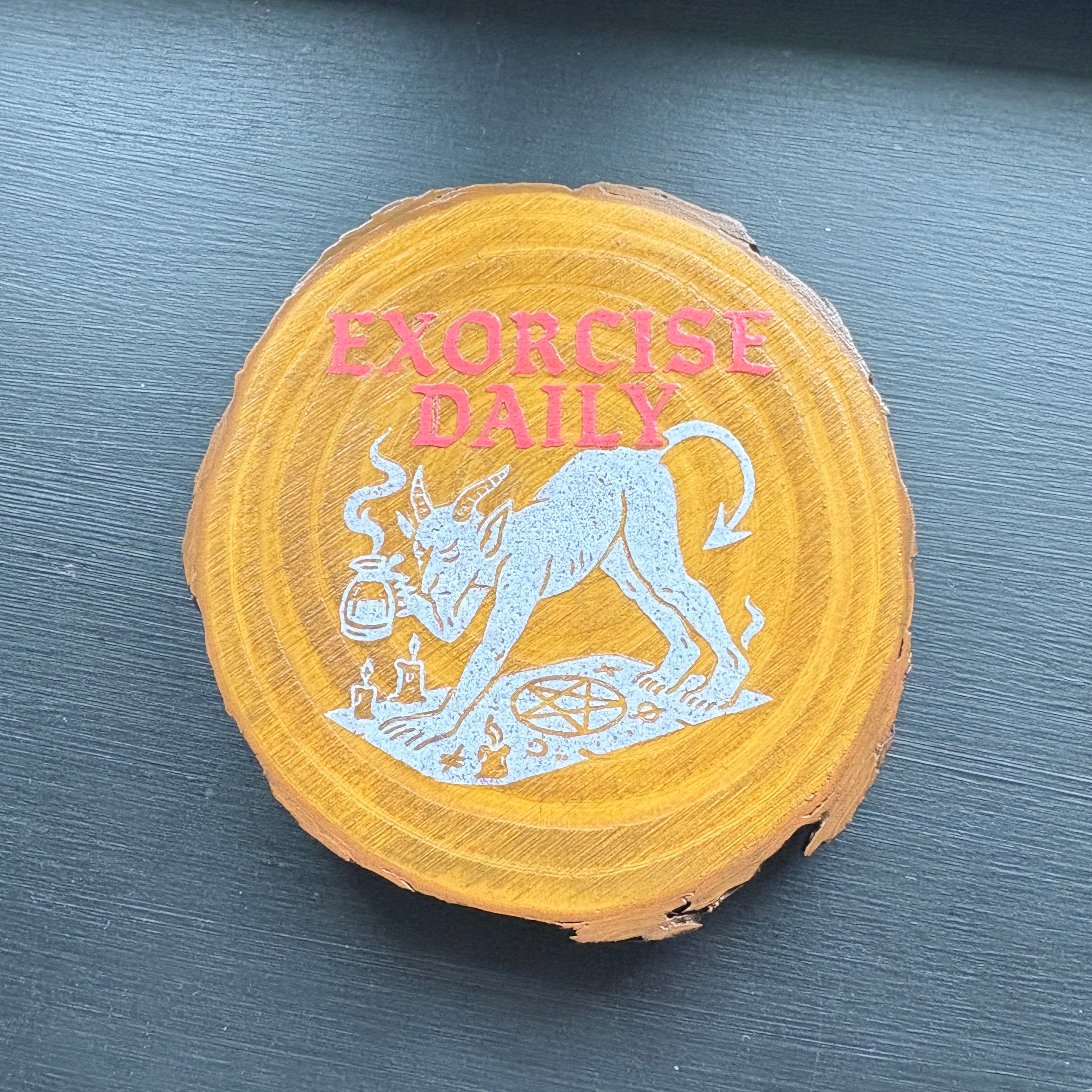 Handmade Gothic Printed Coasters | Natural Pine Wood | Unique Dark Humour Design