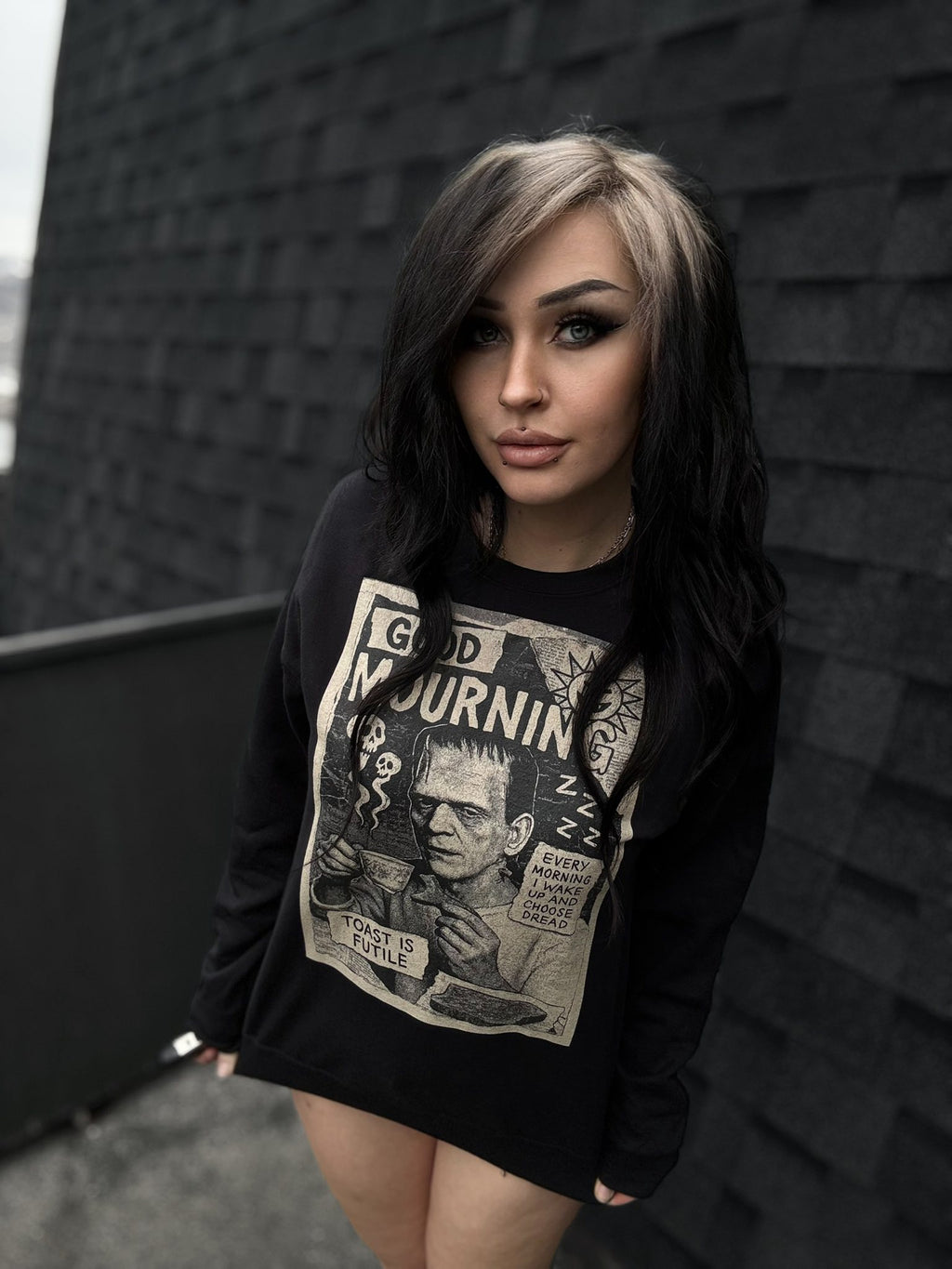 Good Mourning Frankenstein Sweatshirt | Gothic Vintage Horror Crewneck in Black