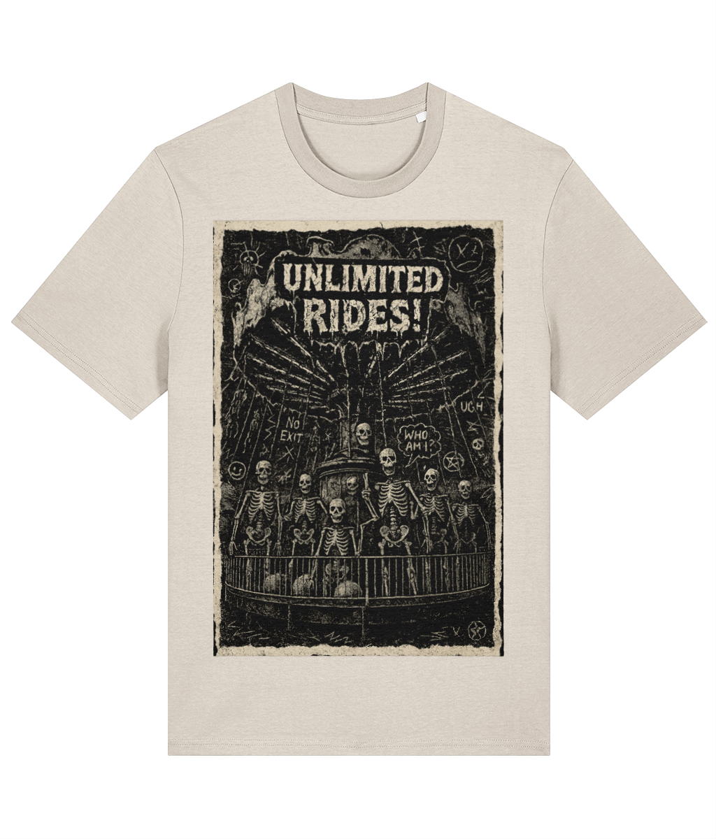 Unlimited Rides Skeleton T-Shirt – 100% Cotton | Grim Carnival Ride Graphic