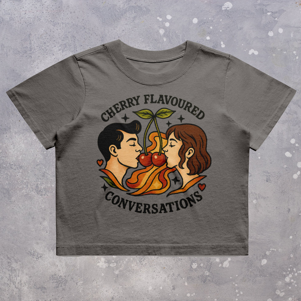 Cherry Flavoured Conversations Women’s Faded Crop T-Shirt – Oversized Boxy Fit